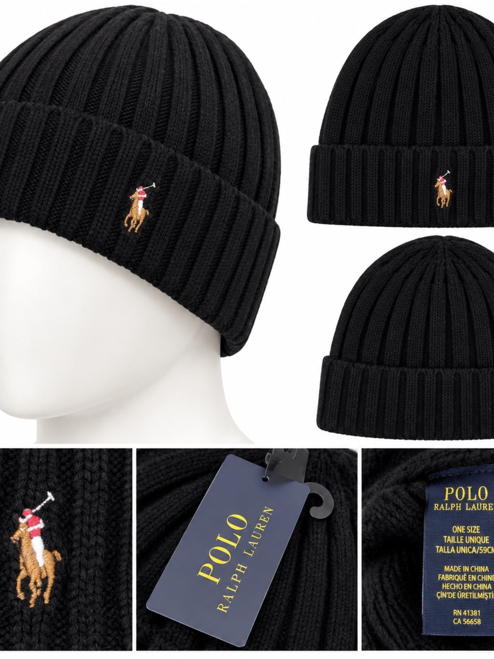 Polo by Ralph Lauren Black Ribbed Knit Cuffed Beanie with Polo Player